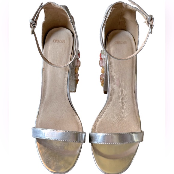Asos Silver Open Toe Sandal with Floral Embellished Heel. Size 8. - Picture 3 of 4